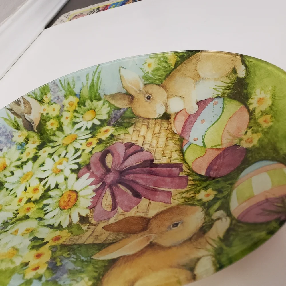Prima Design Easter Serving Platter Glass Daisies Bunnies Egg Shaped Replacement